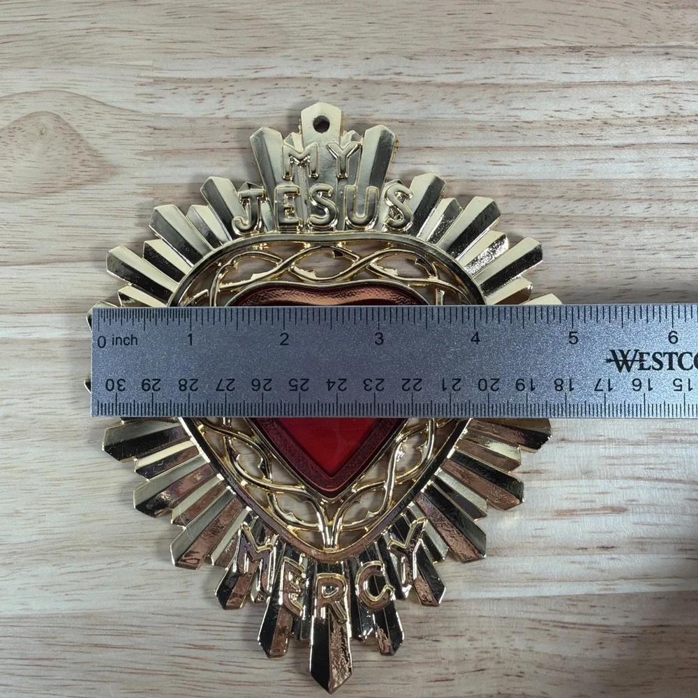 Jesus Mercy Casket Plaque Sacred Heart Gold Tone Metal Vtg Convent Catholic Wall